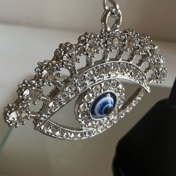 Silver rhinestone evil eye dangle drop chandelier earrings - Picture 2 of 10